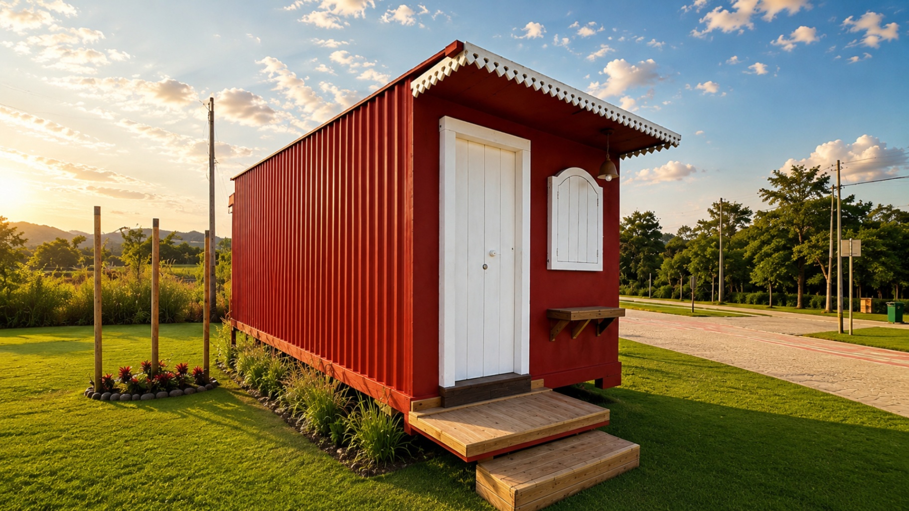 Casa modular vermelha com varanda de madeira ao pôr do sol