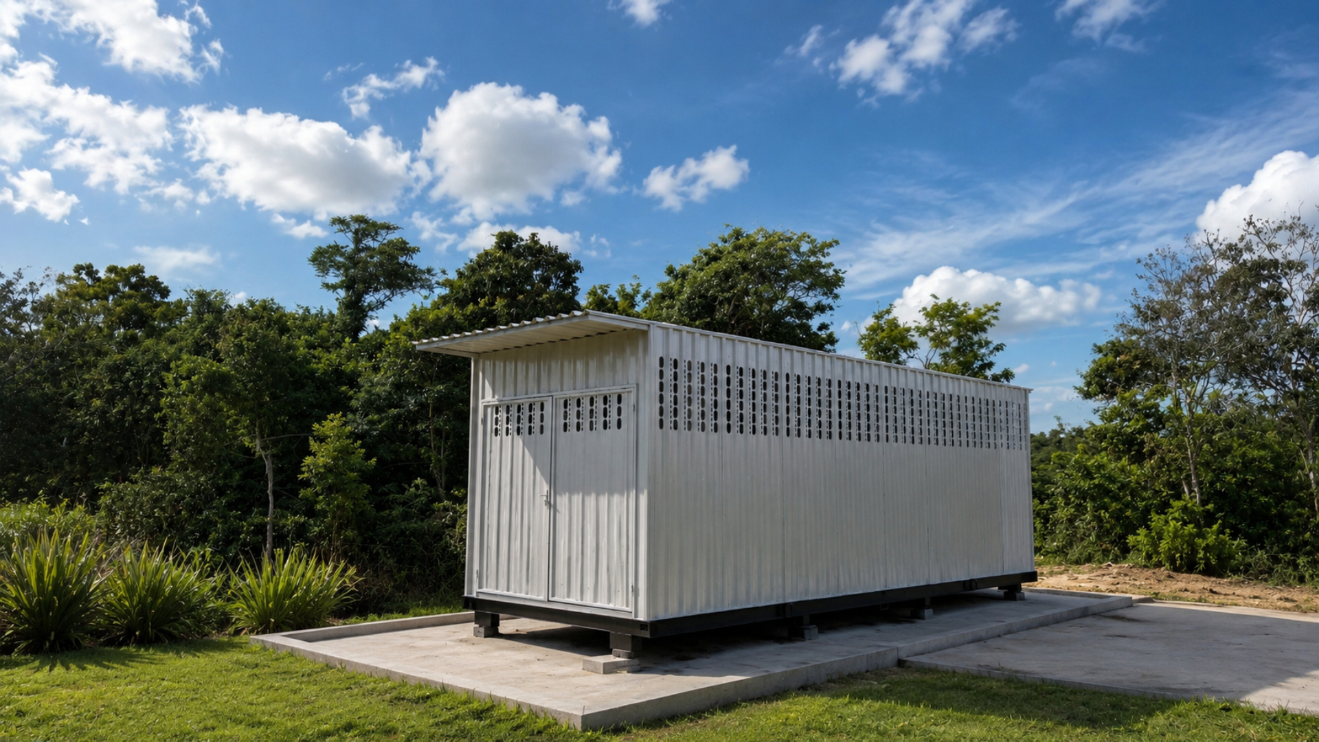 Projeto modular personalizado branco instalado em área verde